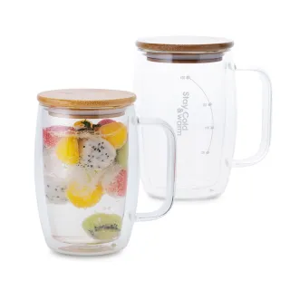 【CookPower 鍋寶_買1送1】高硼硅晶透耐熱雙層玻璃杯500ml(附贈竹製杯蓋)