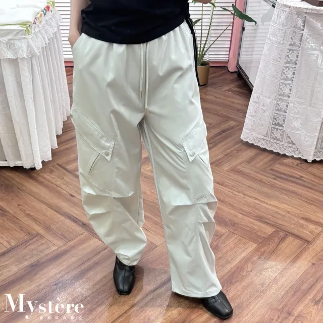 【my stere 我的時尚秘境】雙11 口袋工裝彎刀褲 兩色(鬆緊腰綁帶 大口袋 抽繩束腳 街頭百搭 工裝