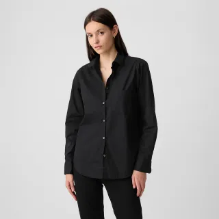 【GAP】女裝 純棉翻領長袖襯衫-黑色(841125)