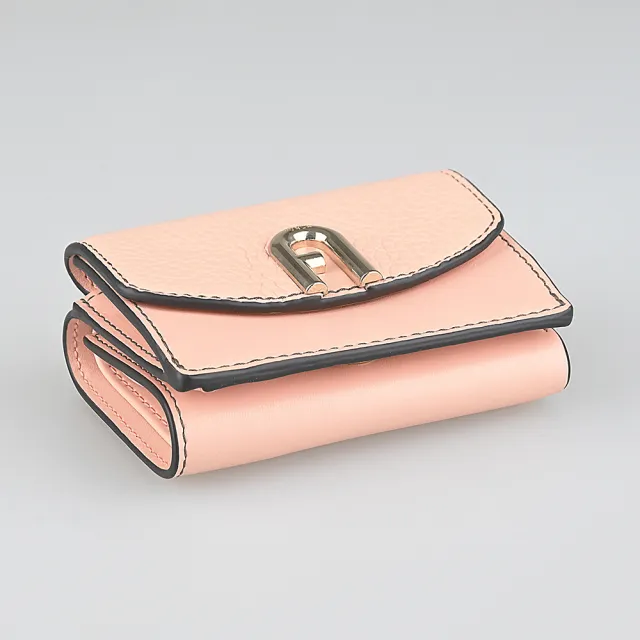 【FURLA 芙拉】FURLA Primula復古金LOGO小牛皮3卡按釦式三折短夾(迷你/蜜桃粉)