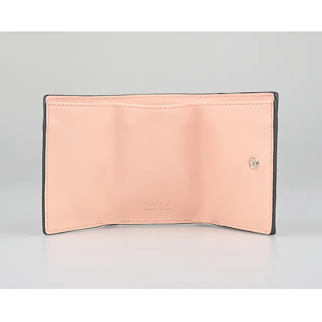 【FURLA 芙拉】FURLA Primula復古金LOGO小牛皮3卡按釦式三折短夾(迷你/蜜桃粉)