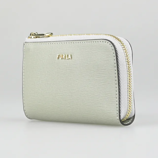 【FURLA 芙拉】FURLA Babylon雷雕金字LOGO防刮牛皮L型拉鍊零錢鑰匙包(大理石灰x內芭蕾粉)