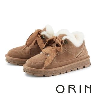 【ORIN】磨面牛皮毛絨綁帶厚底休閒鞋(棕色)