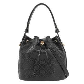 【TORY BURCH】T Monogram 皮革壓紋水桶包(黑色)