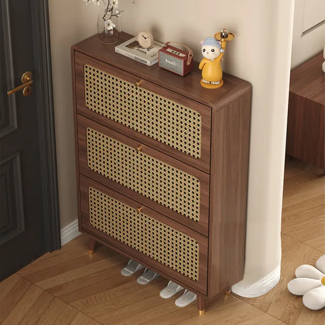 【新川】藤編超薄三門翻斗鞋櫃60CM 入戶門窄門鞋櫃(超薄25CM鞋櫃 掀門鞋櫃 收納櫃 儲物櫃)