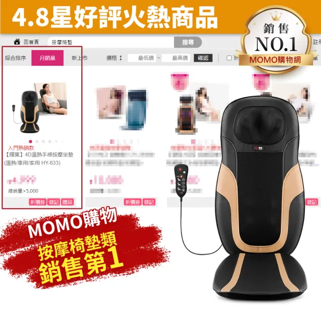 【輝葉】4D溫熱手感按摩坐墊(肩頸按摩/椅墊/靠墊 可車用 HY-633)