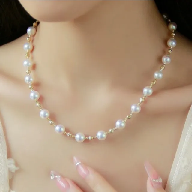 【La Corser】碎星菠蘿珠系列 7.5-8mm 日本 Akoya 滿天星 天然海水珍珠 項鍊 18K金 極光珍珠 鎖骨鏈