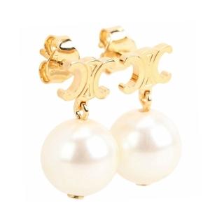 【CELINE】賽琳 Les Perles 凱旋門標誌珍珠穿針式耳環 附皮革收納套-金色(耳環 耳針 飾品)