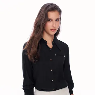 【MOMA】簡約線條直紋雪紡玫瑰金方釦襯衫(黑色)