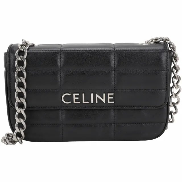 【CELINE】賽琳 Matelasse Monochrome 山羊皮衍縫鍊帶肩背包-黑色(肩背包 鍊帶包 翻蓋包)