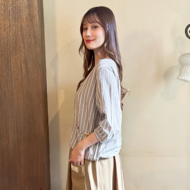 【Hana Mokuba】花木馬日系女裝圓領直條紋口袋造型上衣(造型上衣)