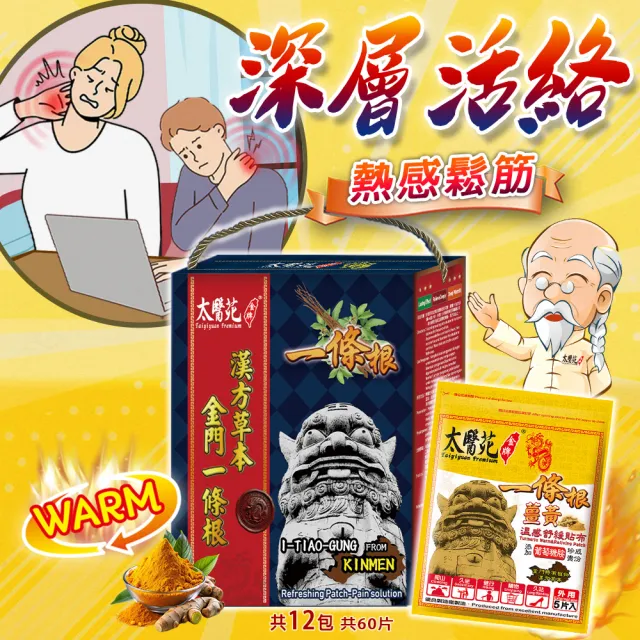 【太醫苑金牌一條根】金門一條根-深層活絡/強效熱感(薑黃貼布禮盒12包60片/MOMO限時活動價)