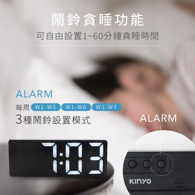 【KINYO】LED大數字鏡面電子鐘 數字鐘 鬧鐘(日期 溫度顯示 聲控喚醒 TD-540)