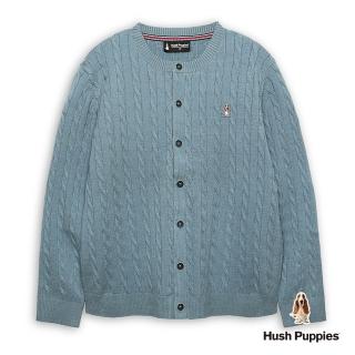 【Hush Puppies】男裝 線衫 素色拐花刺繡小狗開襟線衫外套(灰藍 / 54113107)