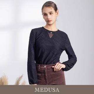【MEDUSA 曼度莎】現貨-小V透膚雕花優雅長袖上衣（M-2L）｜女休閒上衣 氣質長袖 緹花(701-50801)