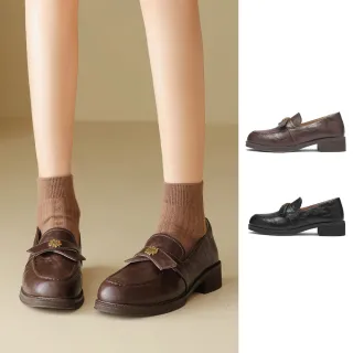 【Agsdon】英倫風復古百搭山茶花粗跟樂福鞋 小皮鞋(棕色/黑色)