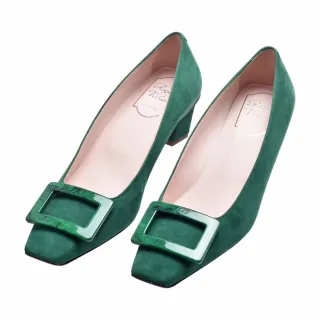 【ROGER VIVIER】經典石釦絨面皮革高跟鞋(綠色RVW00631480HR0V418)
