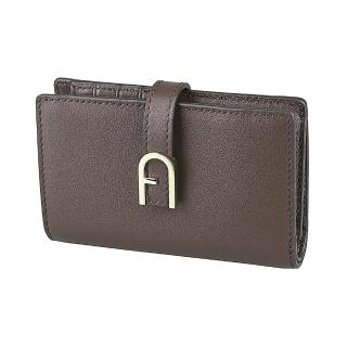 【FURLA 芙拉】FURLA Flow拱形金釦LOGO小牛皮6卡按釦式對折中夾(小/咖啡棕)
