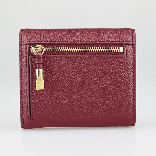 【FURLA 芙拉】FURLA Goccia燙金字LOGO小牛皮6卡壓釦式三折短夾(中/櫻桃紅)