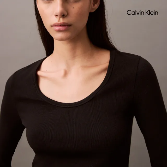 【CALVIN KLEIN】官方旗艦館CK 羅紋針織 U 領長袖上衣_黑色