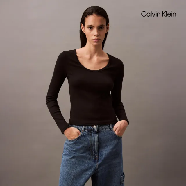 【CALVIN KLEIN】官方旗艦館CK 羅紋針織 U 領長袖上衣_黑色
