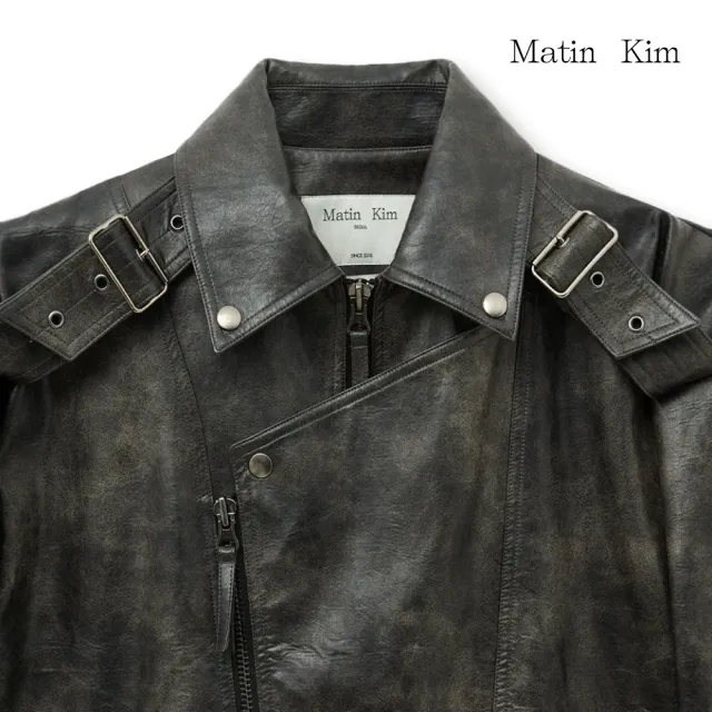 【MATIN KIM】官方旗艦 腰帶造型皮革騎士夾克 女款(炭灰)