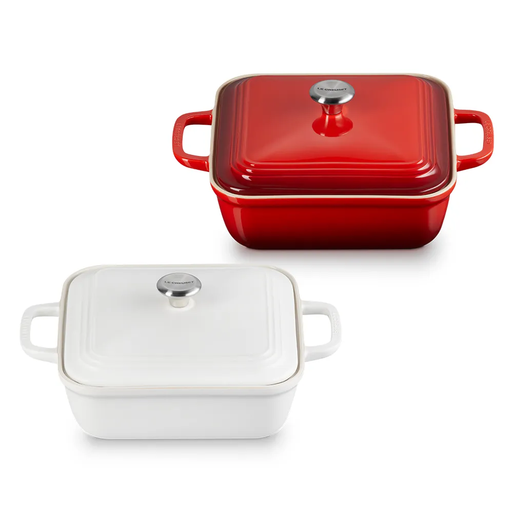【Le Creuset】舊金山系列瓷器方形烤盤23cm附蓋(櫻桃紅/棉花白 2色選1)