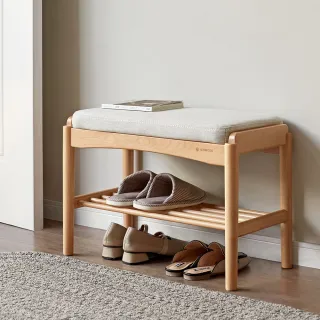 【hoi! 好好生活】源氏木語京都原木色實木布面0.6M穿鞋椅 Y107T51 米白