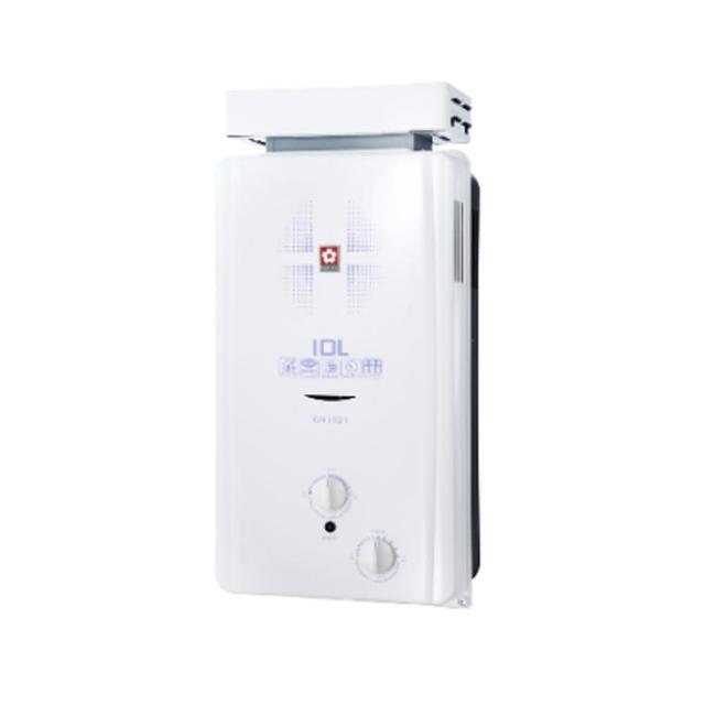  SAKURA櫻花牌 GH-1021 瓦斯熱水器，臺灣原廠製造，適閤家庭使用。10L熱水放出量，RF自然排氣設計，機械控溫精準控制水溫，電子式自動點火安全方便。熱效率達83.1%，能源效率第二級，尺寸386 x 215 x 830 mm，重量僅14kg，使用液化桶裝瓦斯，DC1.5V電池供電，BSMI認證R51085，1年保固，提供穩定熱水供應。 