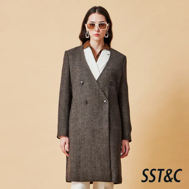 【SST&C】女裝 棕色人字呢雙排釦羊毛混紡大衣-825212090021(換季55折)