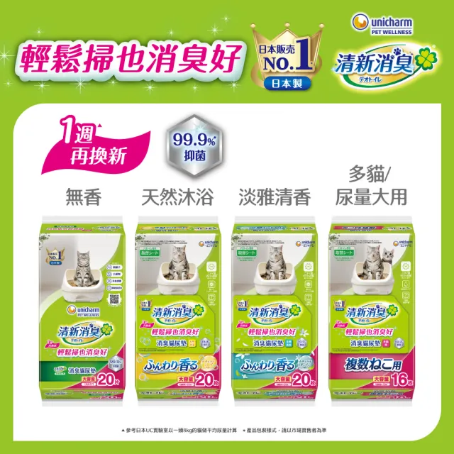 【Unicharm Pet 清新消臭】抗菌尿墊量購組-3包組(無香/天然沐浴/淡雅清香/多貓用/消臭大師)