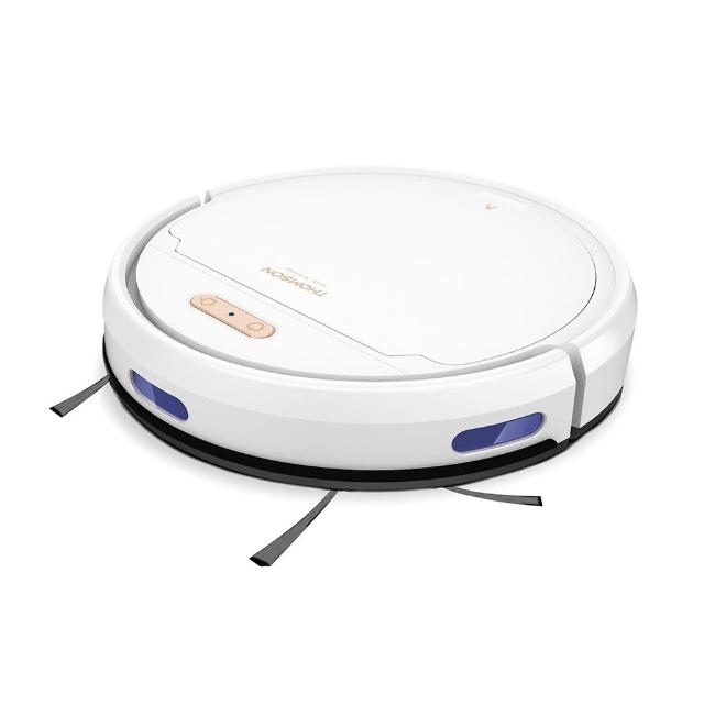 THOMSON湯姆盛 TM-SAV57DS 掃拖二合一機器人吸塵器，支援APP搖控與WiFi傳輸，配備弓字型清掃模式、自動回充、防掉落防碰撞功能，以及陀螺儀定位導航與自動集塵。續航時間達1小時以下，適用各種家居環境。一般水箱設計讓清潔更輕鬆，1年保固保障您的使用安心。