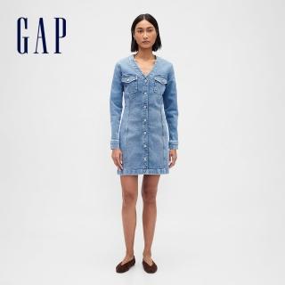 【GAP】女裝 V領長袖牛仔洋裝-中度水洗(843755)