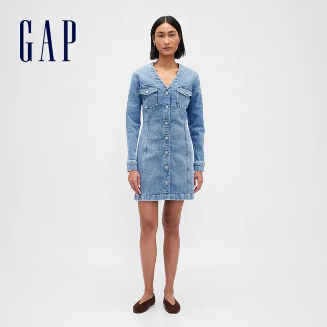 【GAP】女裝 V領長袖牛仔洋裝-中度水洗(843755)