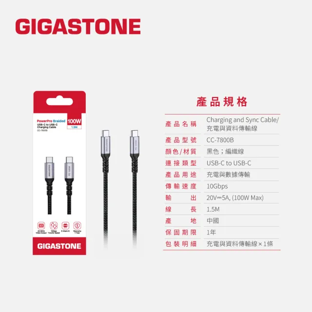 【Gigastone 立達國際】5入組 TypeC 100W 4K USB3.2 Gen2充電傳輸編織線 (iPhone17快充)