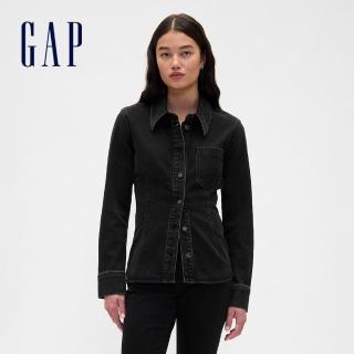 【GAP】女裝 翻領長袖牛仔襯衫-水洗黑(843563)