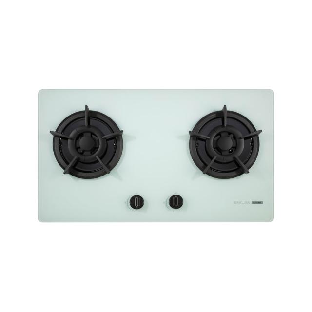 SAKURA櫻花牌 G-2522 雙口瓦斯爐,採用耐熱強化玻璃爐臺與鑄鐵爐頭,傳統外擴火焰設計,電子連續點火方便使用。機體尺寸寬730 x 深420 x 高120 mm,挖孔尺寸670 x 350 mm R85,能源效率第二級,瓦斯消耗量8~9kW。適用天然瓦斯(NG1)或液化瓦斯(LPG),BSMI許可R51085,保固1年,標準安裝,安全耐用首選。 SAKURA櫻花牌 G-2522
