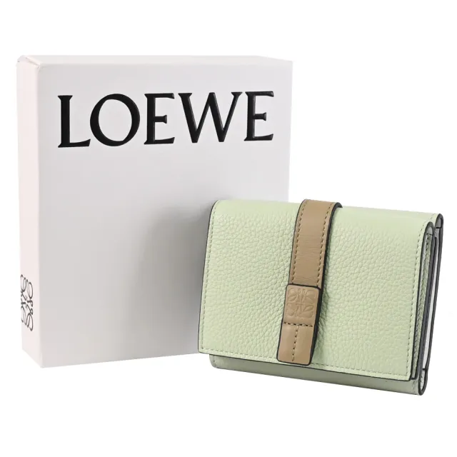 【LOEWE 羅威】品牌烙印LOGO撞色牛皮扣式三折零錢短夾(淺綠)