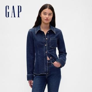 【GAP】女裝 翻領長袖牛仔襯衫-深色水洗(843564)
