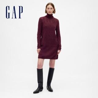 【GAP】女裝 立領長袖針織洋裝-深紅色(843196)