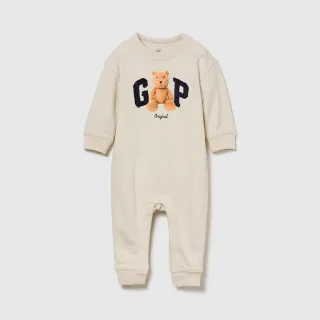 【GAP】嬰兒裝 小熊刺繡印花圓領長袖包屁衣/連身衣-米色(846848)