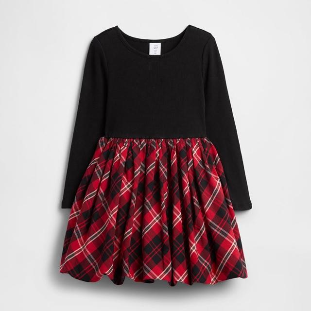 【GAP】女幼童裝 假兩件圓領長袖洋裝-紅色格紋(844923)