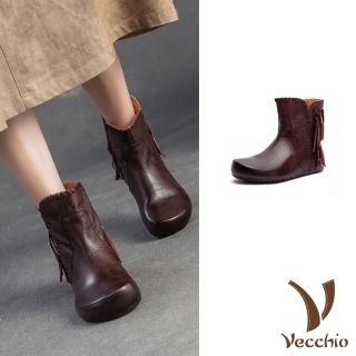 【Vecchio】真皮短靴 平底短靴/全真皮水染牛皮復古編織流蘇設計平底短靴(咖)