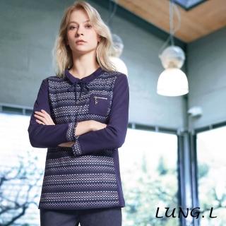 【LUNG.L 林佳樺】LT54A 藍色幾何條紋造型領長版長袖女裝上衣(秋冬新品 加大尺碼)