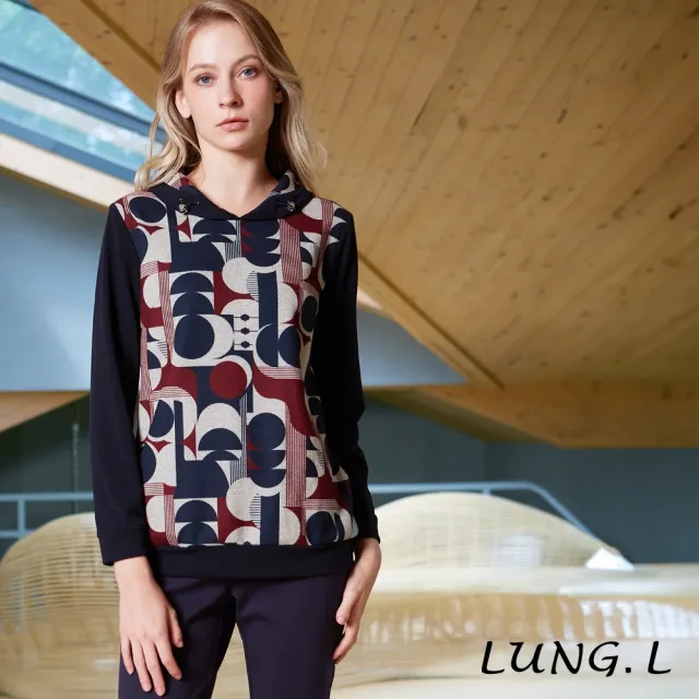 【LUNG.L 林佳樺】LU08A 藍色幾何印花長版長袖女裝上衣(秋冬新品 加大尺碼)