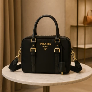 【PRADA 普拉達】經典尼龍皮革飾邊手提包/肩背包/兩用包-附鎖頭(黑)