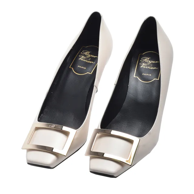 【ROGER VIVIER】經典Trompette系列皮革金屬飾扣喇叭跟高跟鞋(米白色RVW40015280BSSC019)