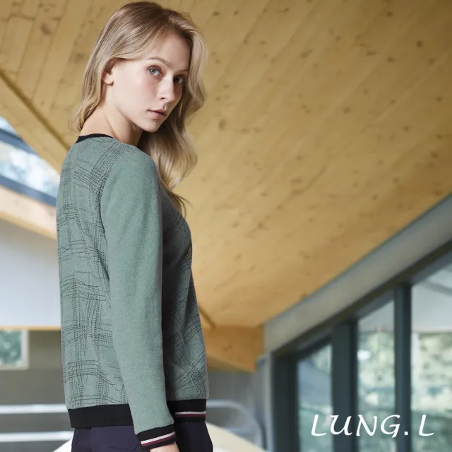 【LUNG.L 林佳樺】LT52A 灰綠色格紋繡線印花保暖長袖女裝上衣(秋冬新品 保暖)
