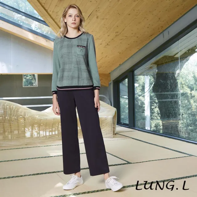 【LUNG.L 林佳樺】LT52A 灰綠色格紋繡線印花保暖長袖女裝上衣(秋冬新品 保暖)
