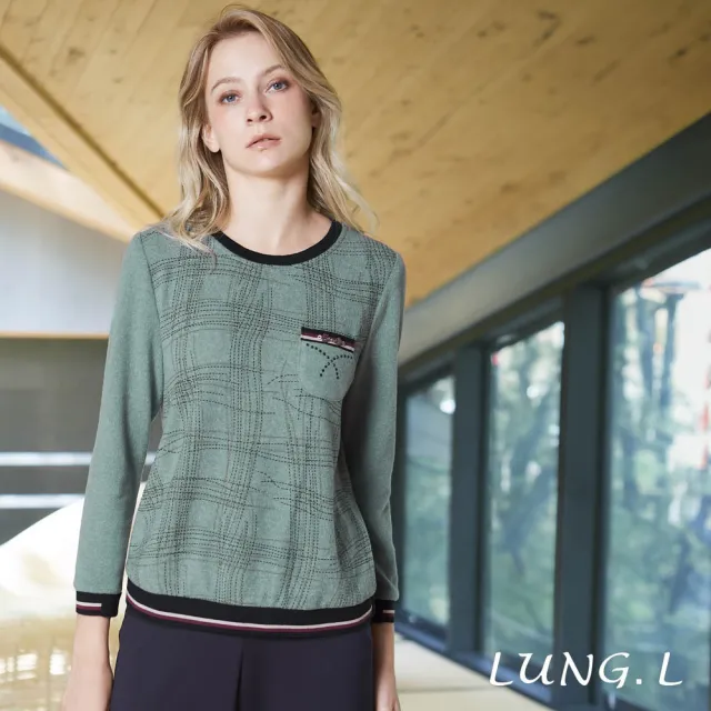 【LUNG.L 林佳樺】LT52A 灰綠色格紋繡線印花保暖長袖女裝上衣(秋冬新品 保暖)
